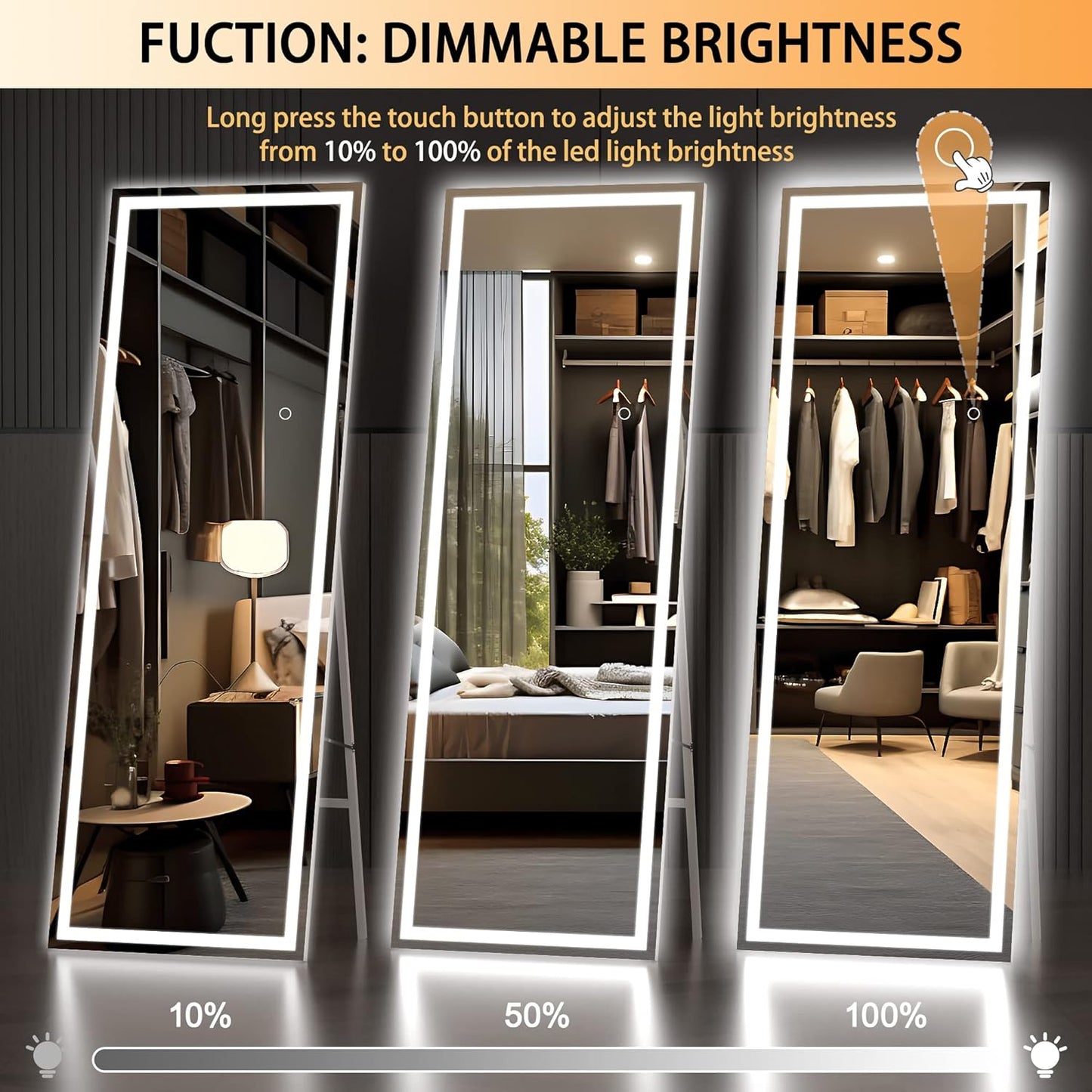Hasipu Full Length Mirror with Lights, 67" x 24" LED Lighted Floor Standing, Full Body Dressing Hanging Mounted Mirror, Dimmable, Tempered Glass, Safe to Use, Square White