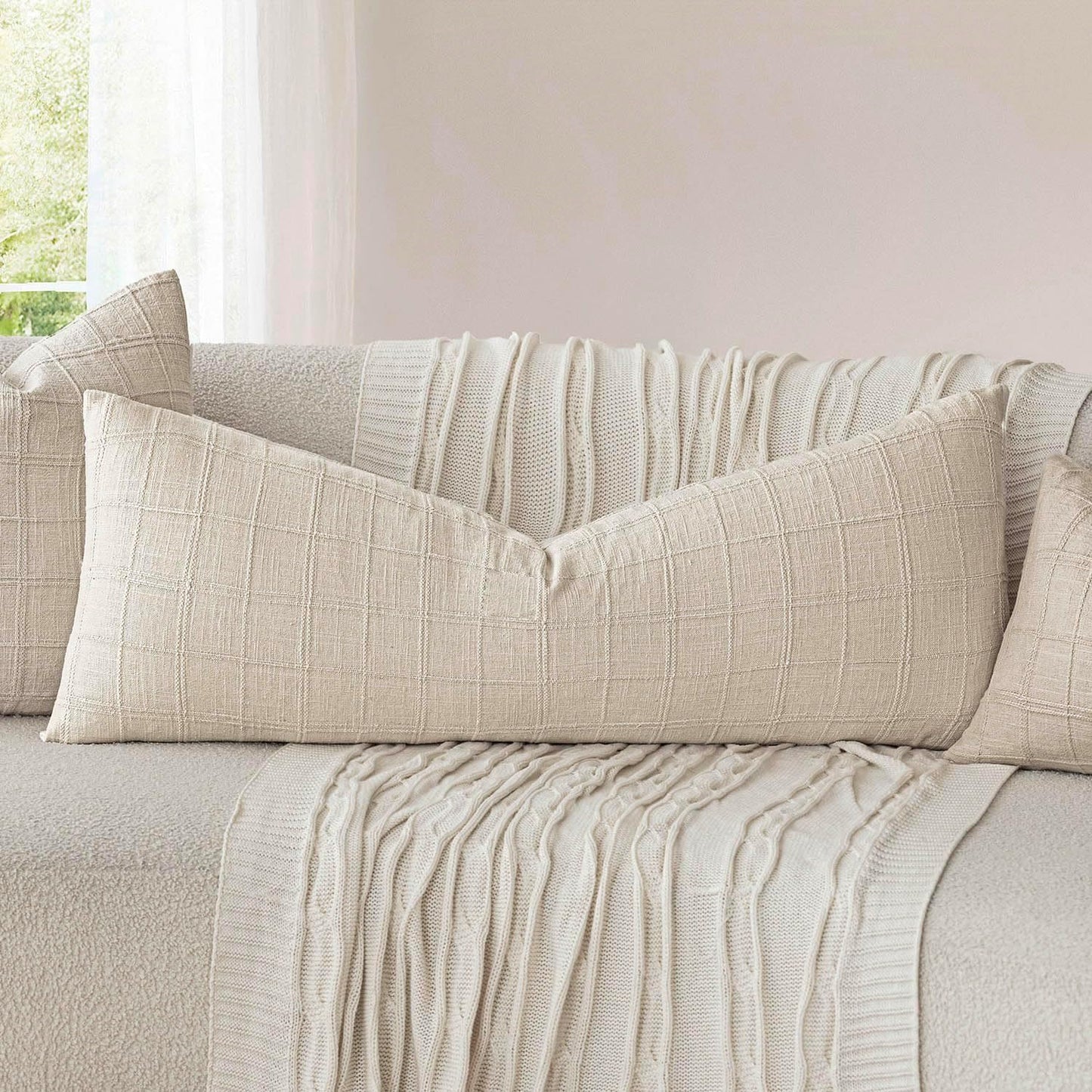 Foindtower Set of 2 Decorative Linen Check Throw Pillow Covers Neutral Farmhouse Lumbar Cushion Covers Modern Boho Home Decor for Sofa Chair Couch Bedroom Living Room,12×24 Inch,Natural Beige