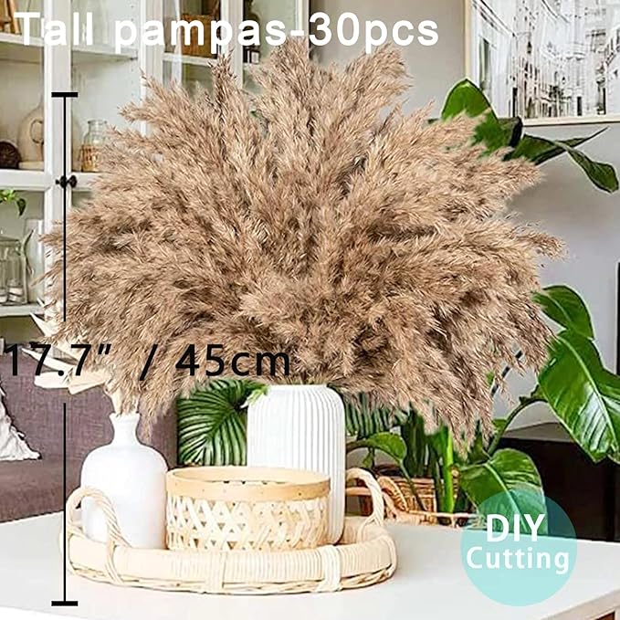 30 Stems Home Decor - Natural Dried Pampas Grass, Fluffy Brown Pompas Grass, Dry Small Pampas Bulk for Living Room Table Decor, Boho Decor, Party Wedding Decor , Gift(17.7 inch, 30 Brown )
