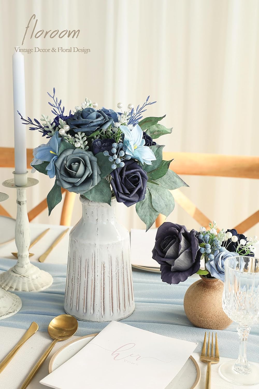 Floroom Artificial Greenery Stems Box Set, 59pcs with 8 Kinds of Faux Greenery Flowers Picks for DIY Bridal Bouquets Wedding Floral Arrangement Table Centerpieces, Navy & Dusty Blue