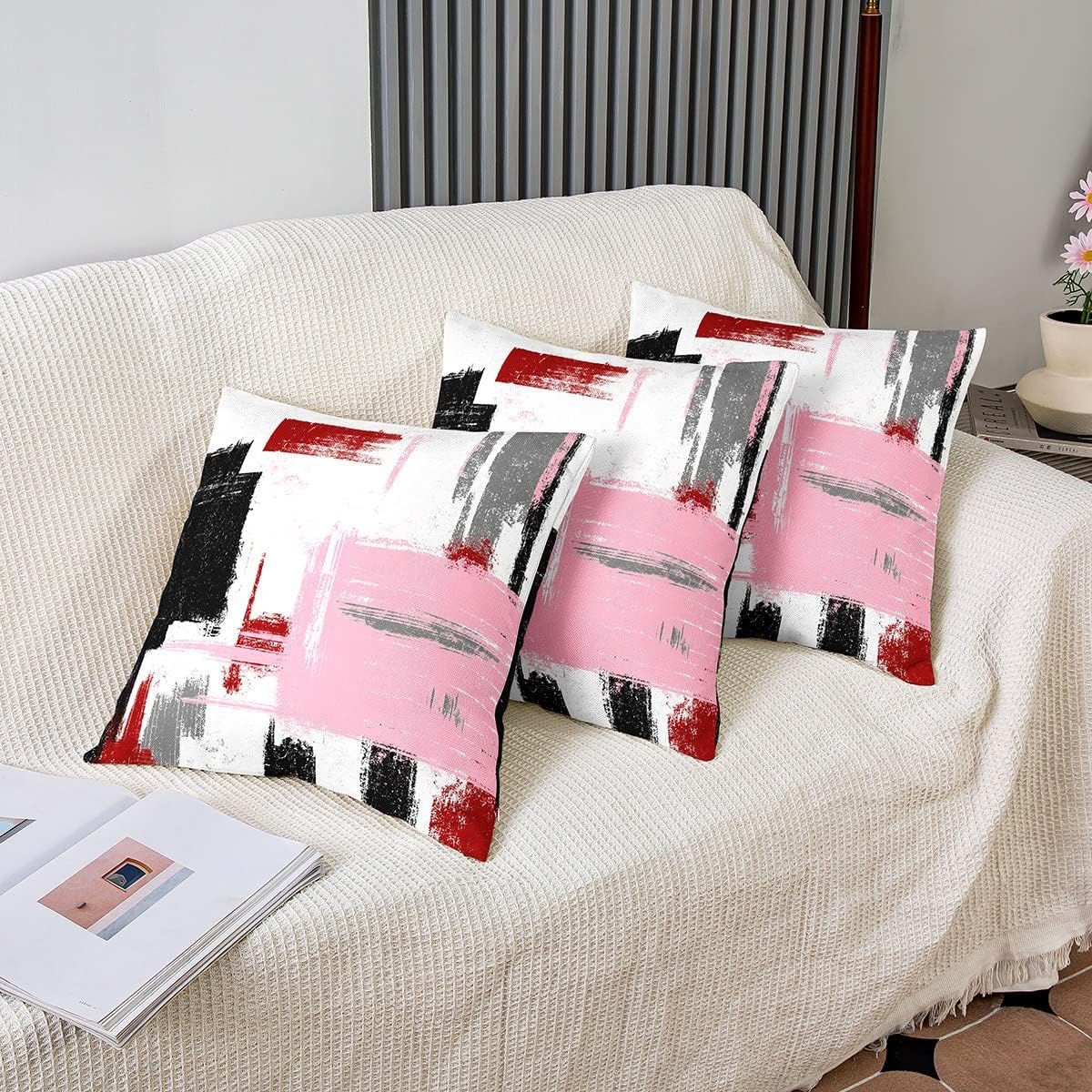 Feelyou Abstract Throw Pillow Covers for Couch Sofa Bed, Set of 2 Modern Abstract Art Decorative Pillows Cushion Covers, Black Red White Pink Pillow Inserts Not Included, 22x22 inch