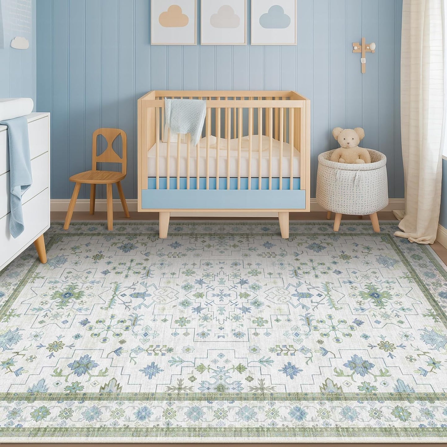 Green and Blue Kids Rugs for Bedroom 5x8 - Oushak Boho Cute Area Rug, Washable Low Pile Non-Slip Soft Foldable Indoor Carpet for Nursery, Playroom