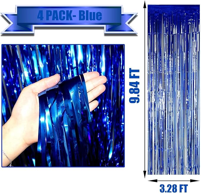 4 Pack Blue Foil Fringe Curtain Backdrop, 3.28Ft x 9.84Ft Metallic Tinsel Streamers for Sea Party, Photo Booth Props, Birthday, 2022 Summer Ocean Theme Party Decoration Supplies