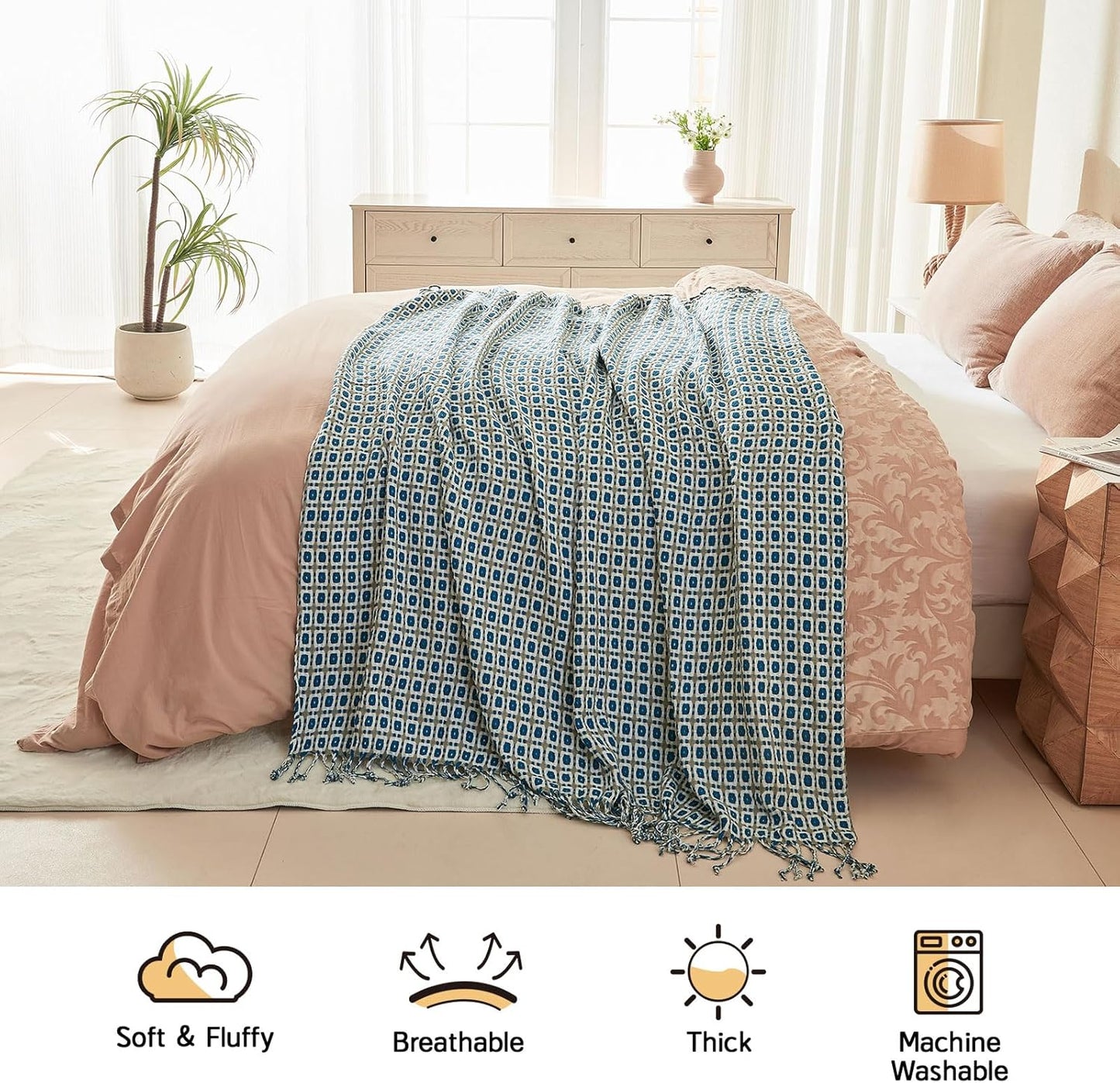 lifein Throw Blanket for Couch - Boho Throw Blanket, Knit Woven Blanket, Soft Decorative Blankets&Throws with Tassels for Bed,Sofa,Chair,Home Decor(50x60in,Blue)