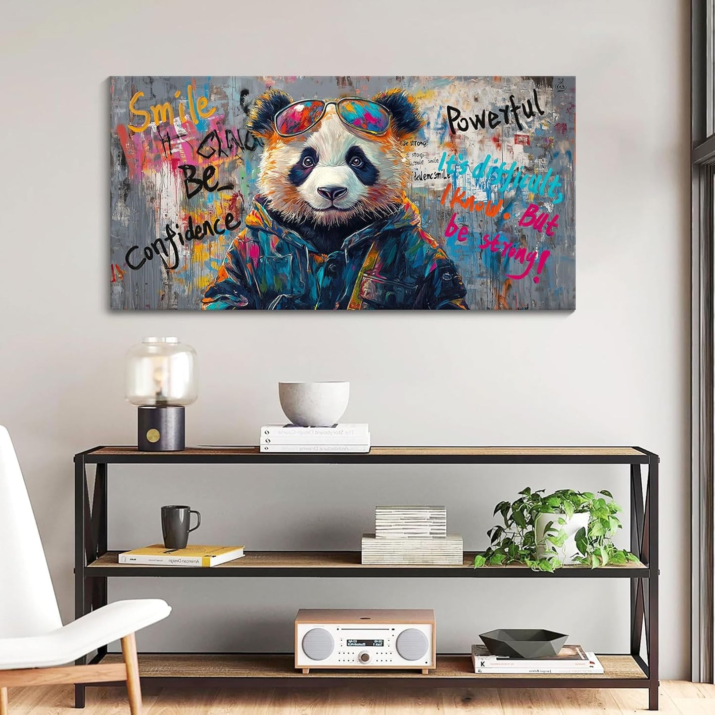 JEAWA Large Canvas Wall Art, Black and White Panda Abstract Graffiti Street Art Pop Modern Paintings Ready to Hang Living Room Bedroom Study Office Inspirational Picture Home Decor 24x48 IN