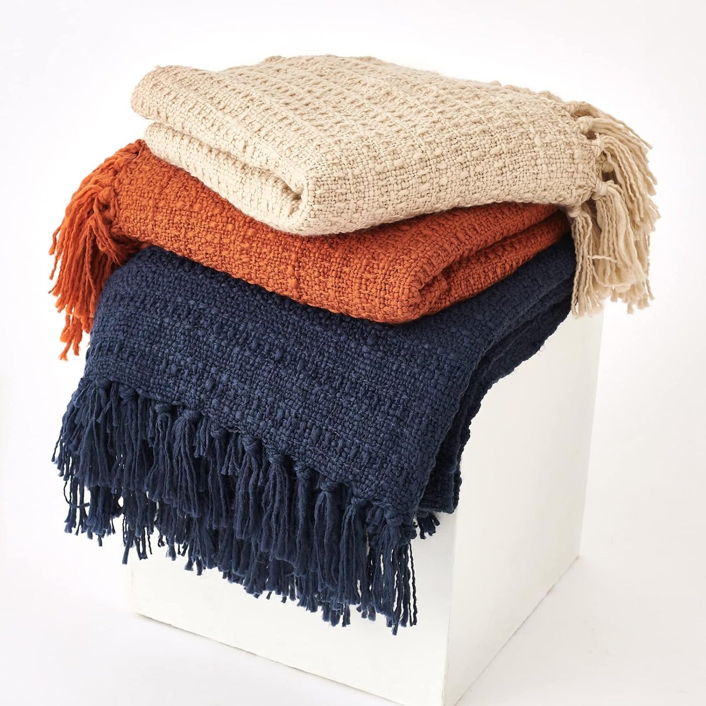 Chunky Knit Throw Blanket, Navy Blue Soft Warm Cozy Bed Blanket with Tassels, Boho Style Textured Knitted Home Decorative for Couch, Sofa &Bed, 50"x60"