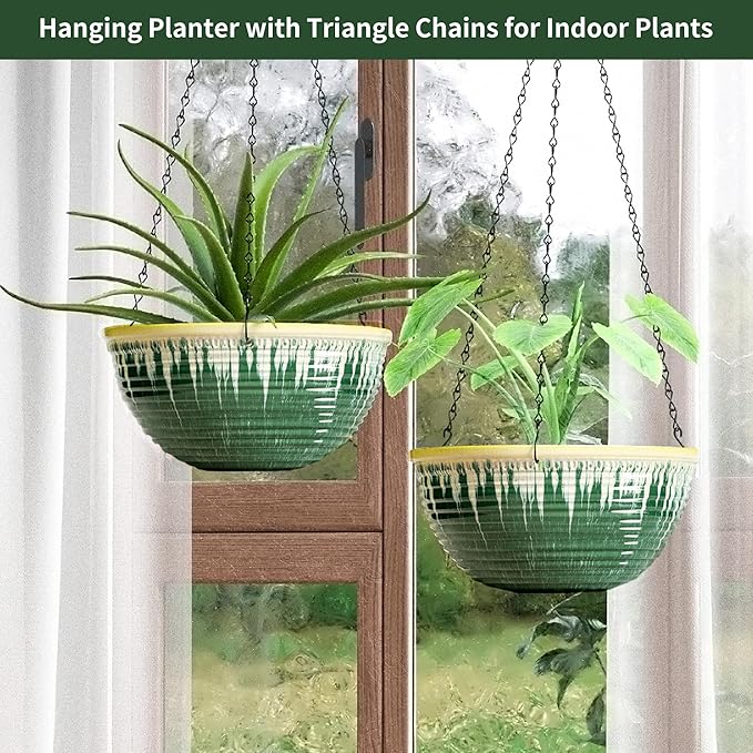 12 inch Large Hanging Planters for Indoor Outdoor Plants, Set of 2 Glazed Hanging Flower Pots with Drainage Hole, Hanging Baskets for Garden Home Porch Decor