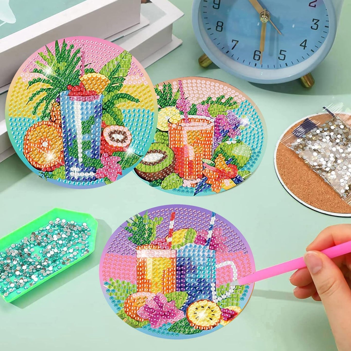 Meothan 8 Pcs Diamond Art Coasters Kits for Adults with Holder Cork Pads, Diamond Dots Art Painting Coasters Crafts Kit for Home Office Decor (Summer Cocktails)