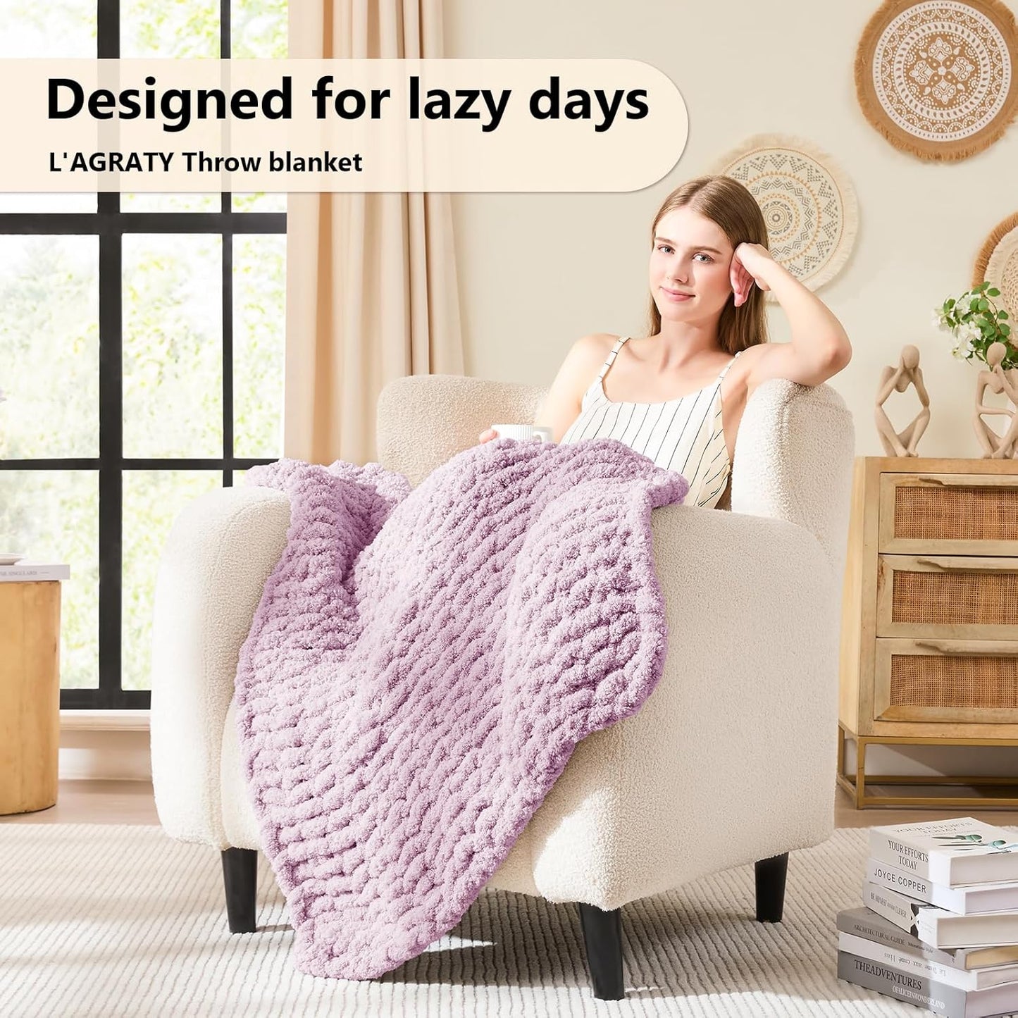 L'AGRATY Chunky Knit Blanket Throw - Soft Chenille Yarn Throw Blanket 30x40：Handmade Thick Cable Knit Crochet Blanket - Large Knit Blanket Chunky Rope Knot Throw Blanket for Couch Sofa Bed Home Decor