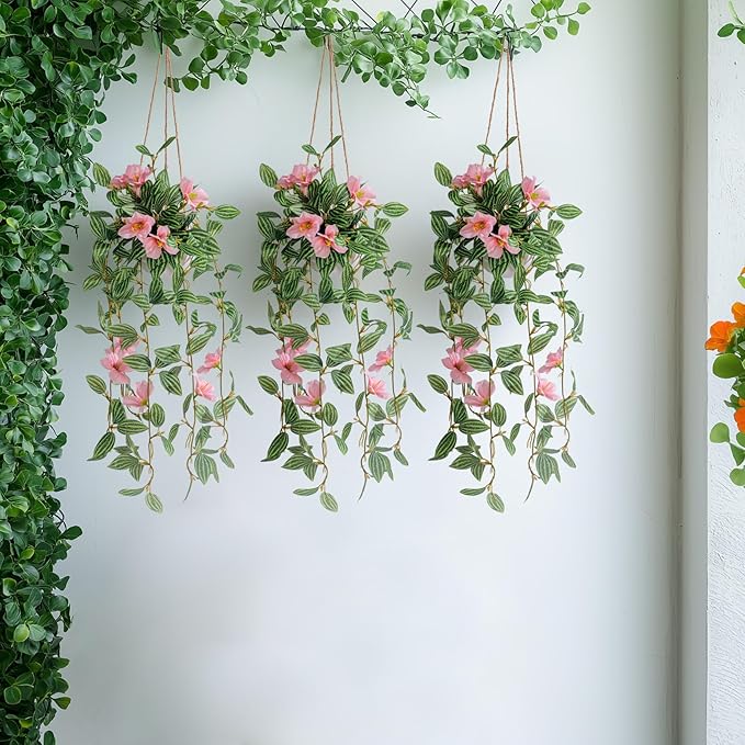 2PCS Artificial Hanging Plant with Pot Faux Hanging Plants Small Hanging Plants Pot with Artificial Vines and Flower Greenery Decoration for Living Room Wall Home Wall Shelf (Stripe Pink)