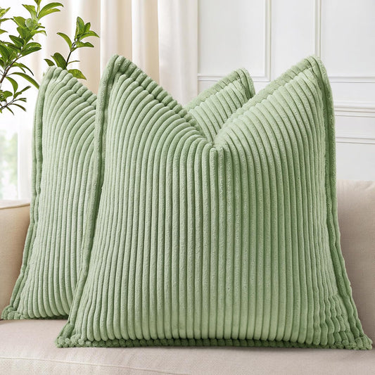 decorUhome Corduroy Sage Green Throw Pillow Covers 16x16 Set of 2 Decorative Soft Boho Farmhouse Euro Couch Pillow Covers for Living Room Bed Sofa Broadside Striped Pillow Cases