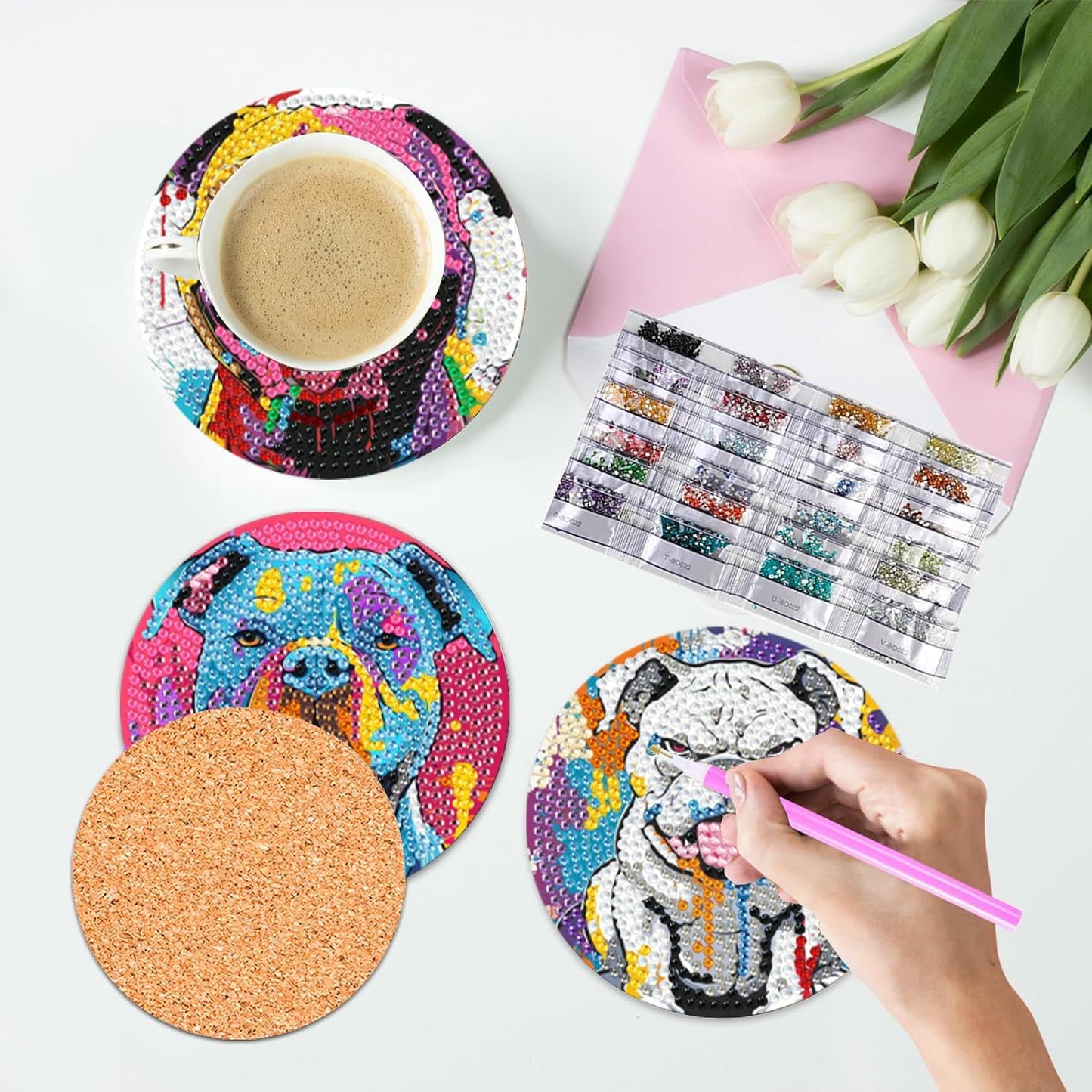 Leatrice 8PCS Dog Diamond Art Coasters Small Diamond Painting Kits for Adults Beginners Women, Gem Art Coasters with Holder, Funny Arts Supplies for Home Decor
