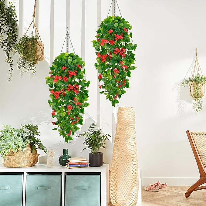 BLEUM CADE Artificial Hanging Flowers for Outdoors, 4pcs Fake Hanging Plants Pothos Vines with Red Flowers for Wall Home Living Room Indoor Outdoor Decor (No Baskets)