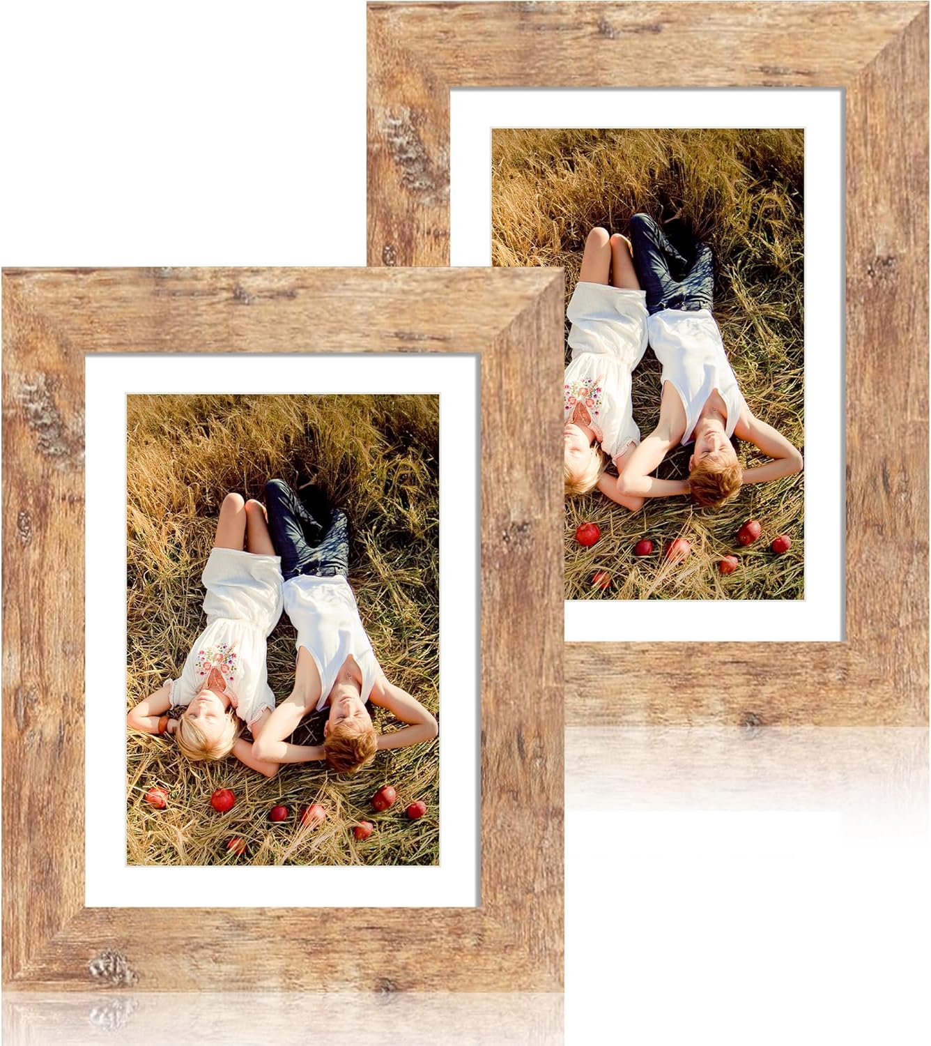 iRahmen 5x7 Picture Frame Set of 2, Rustic Brown Frame with High Definition Glass, Display Pictures 4x6 with Mat or 5 x 7 without Mat, Wood Photo Frame for Table top and Wall Mounting