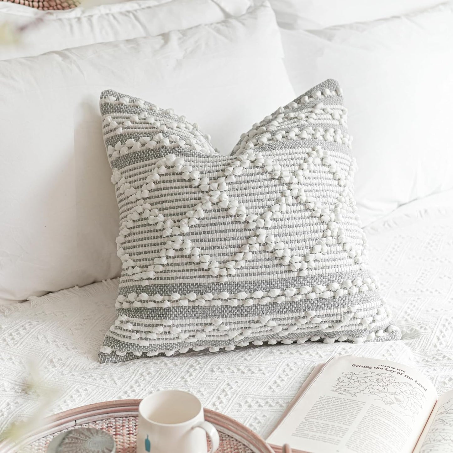BlissBlush Gray White Decorative Throw Pillow Cover 20X20, Boho Accent Pillow for Couch, Square Modern Farmhouse Pillowcase for Living Room Couch Sofa Cushion Home Décor (Pack of 1)