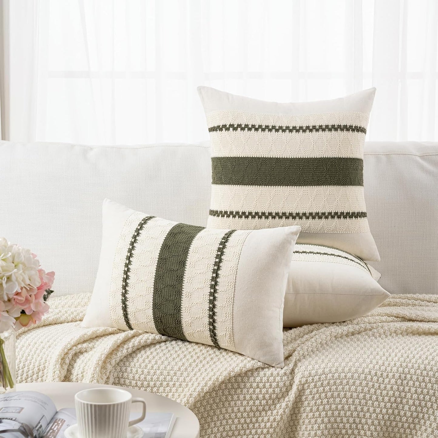 Fancy Homi Set of 2 Boho Olive Green Big Decorative Throw Pillow Cover 24x24 Inch for Couch Bed Bedroom, Aesthetic Modern Organic Farmhouse Room Decor, Soft Cotton Accent Macrame Woven Cushion Case