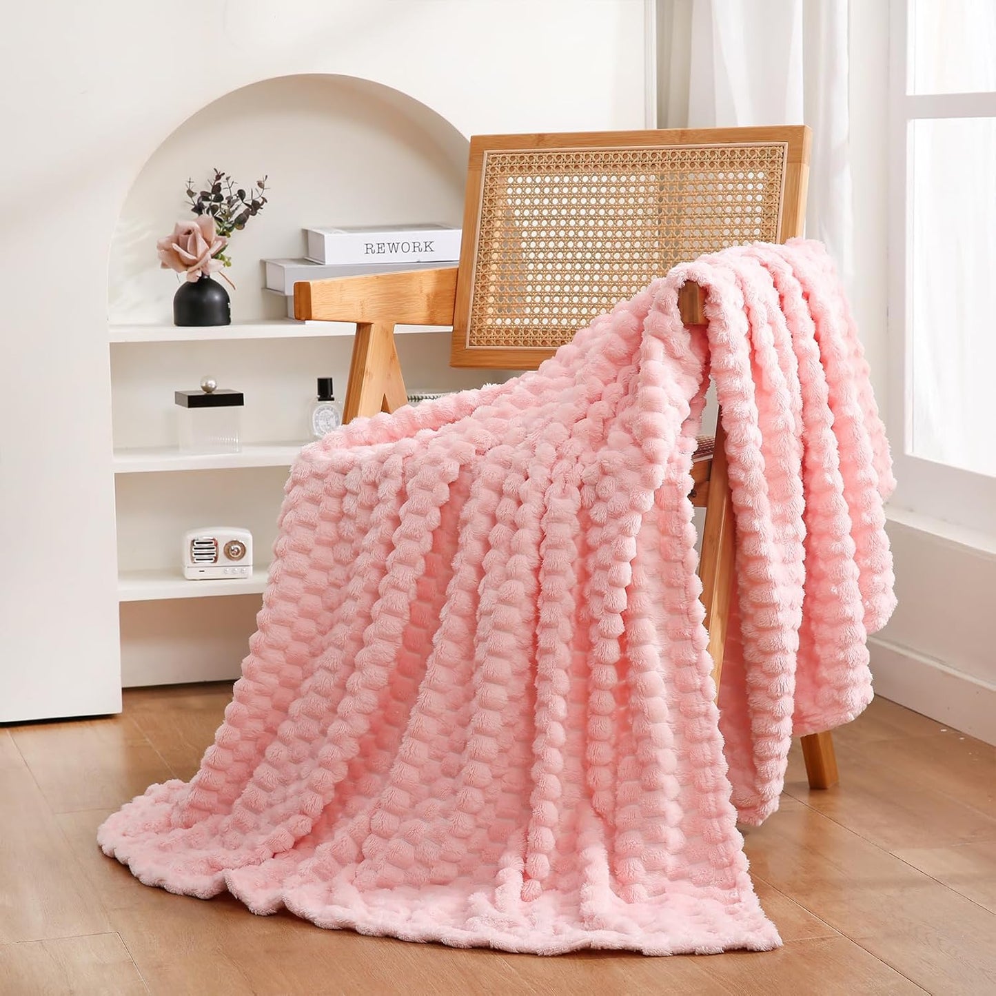 Light Pink Throw Blanket 50"×70" inches Gifts for Mom Fuzzy 3D Jacquard Decorative Flannel Fleece Super Soft Plush Cozy Blanket for Couch Sofa Chair Lightweight