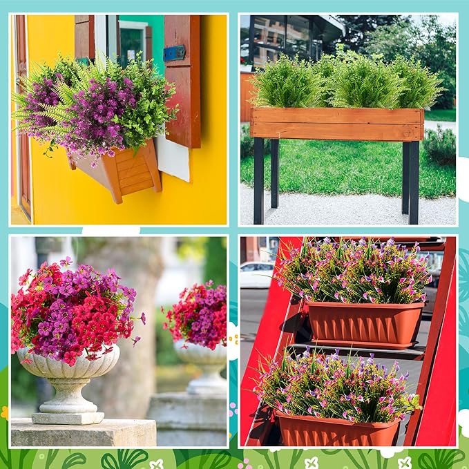 Zeyune 64 Bundles Faux Flowers Outdoors UV Resistant Artificial Plastic Flowers Plants Fake Realistic Eucalyptus Violet Lavender Plant Wildflower Bulk for Outside Yard Home Patio Garden Decor(Bright)