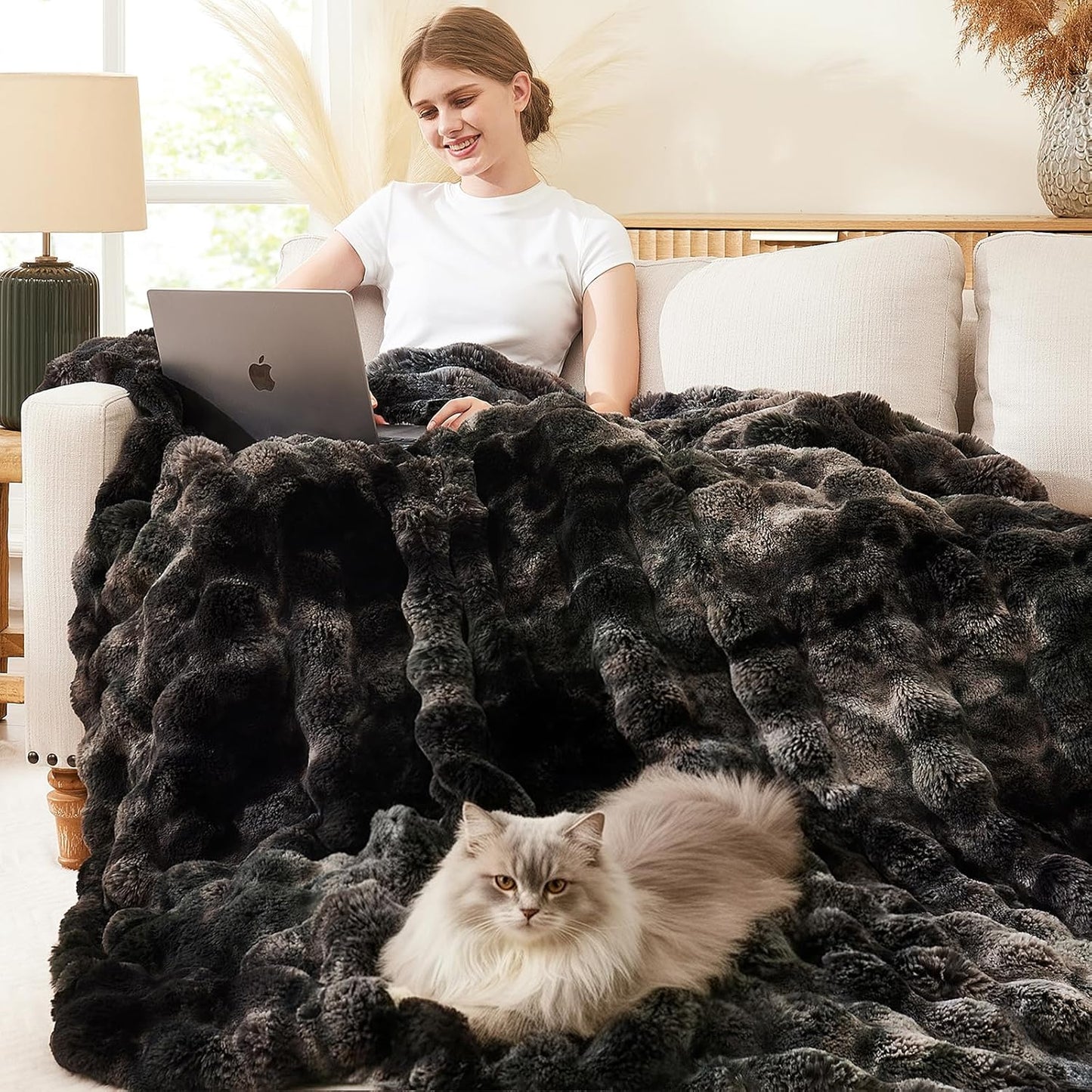 L'AGRATY Faux Fur Throw Blanket: 60" x 80" Luxury Soft Fluffy Thick Rabbit Fur Blankets for Twin Bed Couch - Cozy Plush Bubble Blankets for Home Decor: Warm Flannel Fleece Decorative Blanket