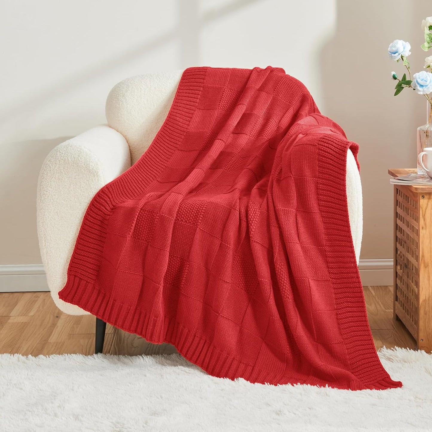 CozeCube Check Knit Throw Blanket, Christmas Red Checkered Bedroom Blanket for Couch, Soft Cozy Warm Knitted Blanket for Bed Sofa Living Room, Decorative Spring Fall Throw Blanket, 50"X60"