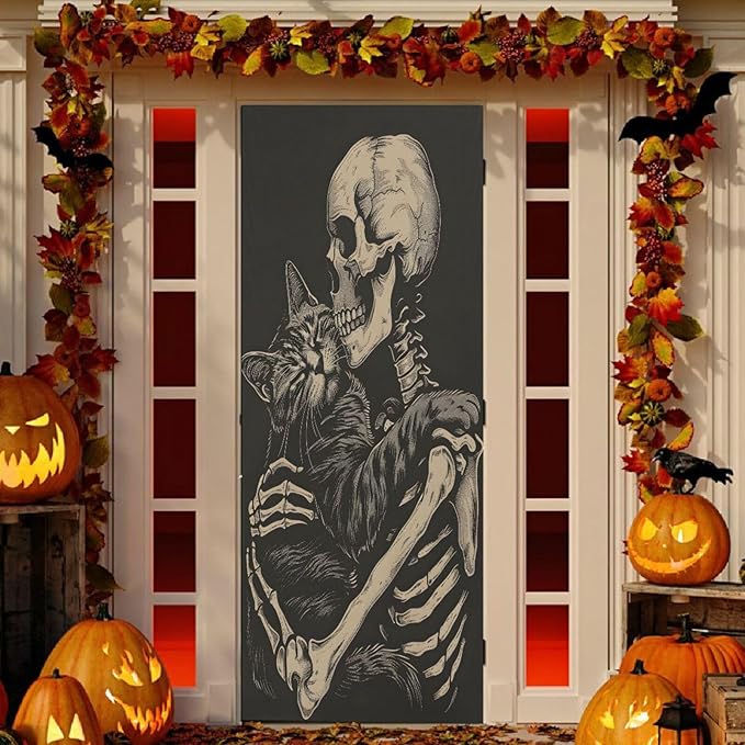 Halloween Door Cover Cat and Skeleton Skull Banner Decoration 79 * 35 inch for Front Doors Wall Party Decor