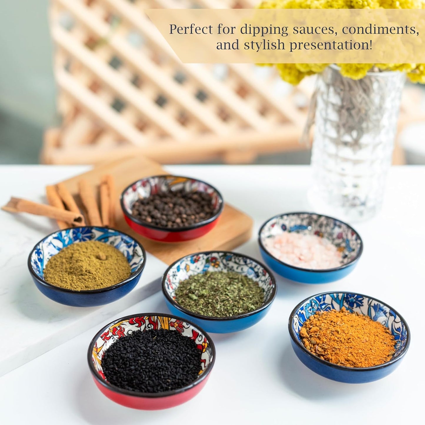 Handmade Ceramic Dipping Bowls – Set of 6, 2.5 Oz Small Sauce Dishes, Colorful Pinch Bowls, Charcuterie Serving Bowls, Microwave & Dishwasher Safe (IZNIK CARNATION)