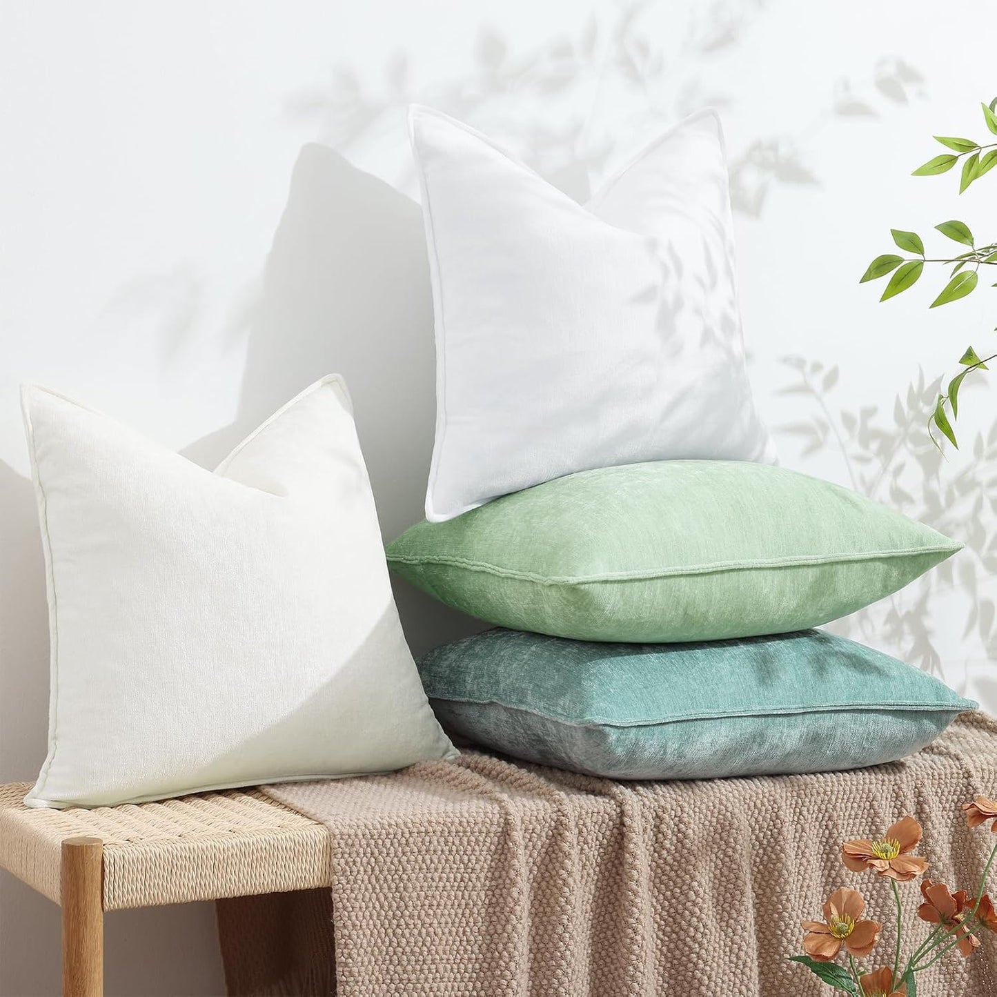 decorUhome Couch Throw Pillow Covers 16x16 Set of 2, Decorative Soft Euro Neutral Chenille Pillow Covers with Elegant Design for Sofa Bed Living Room Home Decor, Cream White