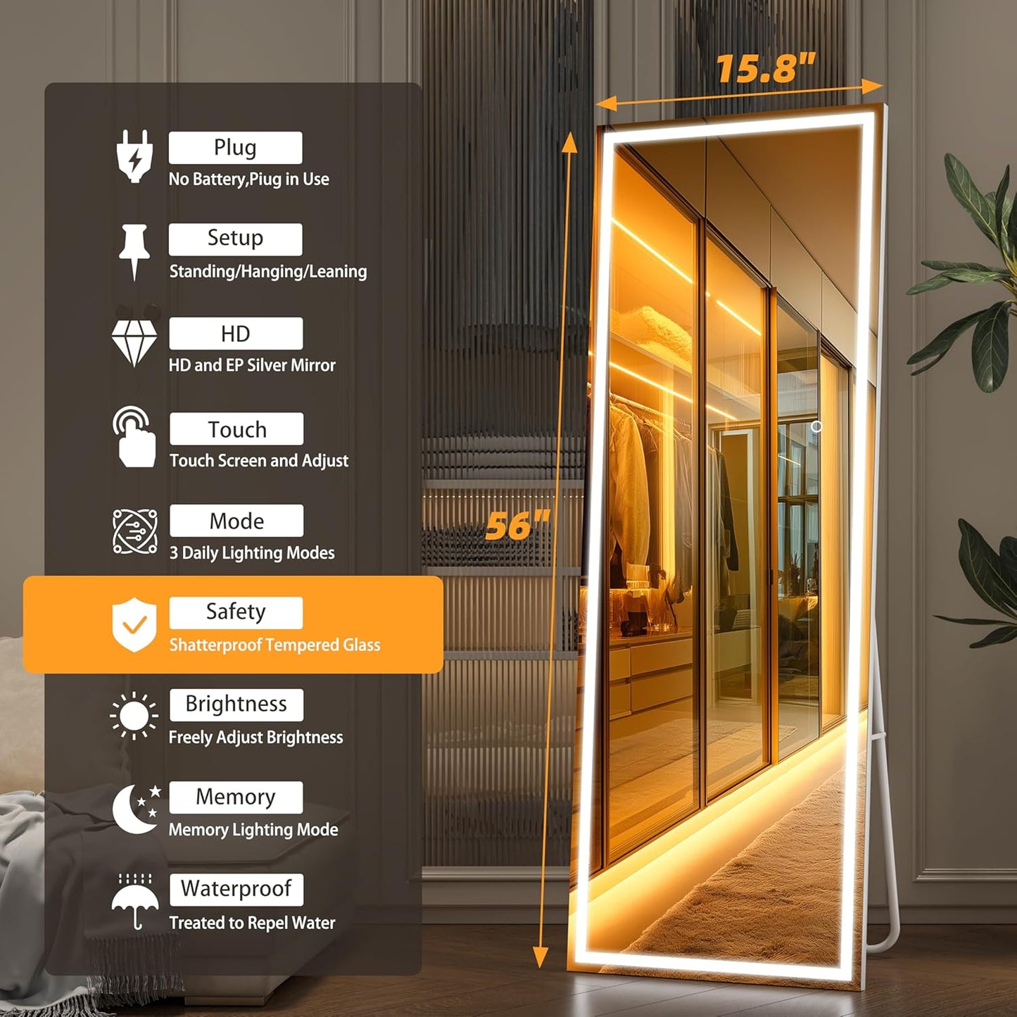 Hasipu Full Length Mirror with Lights, 55.7" x 15.8" LED Floor Mirror, Full Body Dressing Standing, Hanging Mounted Mirrors, Square White, Plastic Frame