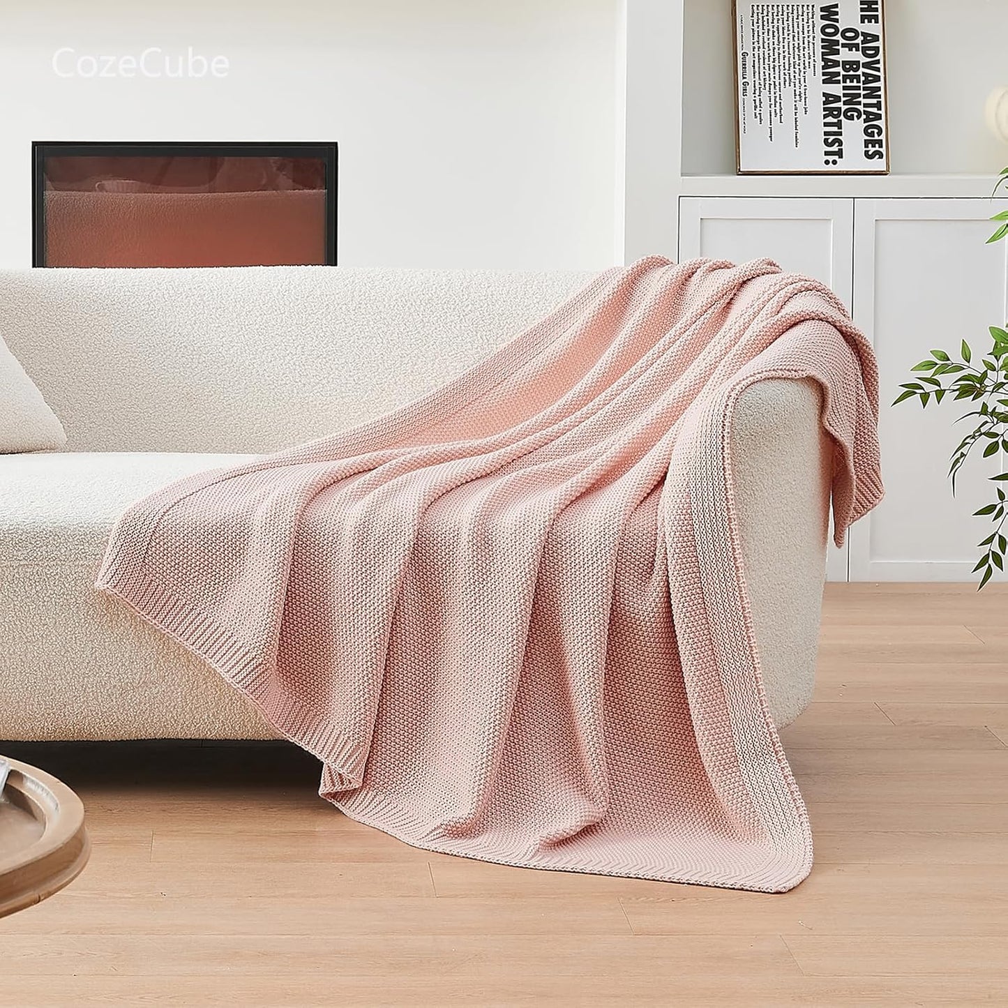 CozeCube Pink Throw Blanket for Couch, Soft Cozy Cable Knit Throw for Bed Sofa Living Room, Lightweight Warm Decorative Farmhouse Christmas Blanket, 50"x60", Pink