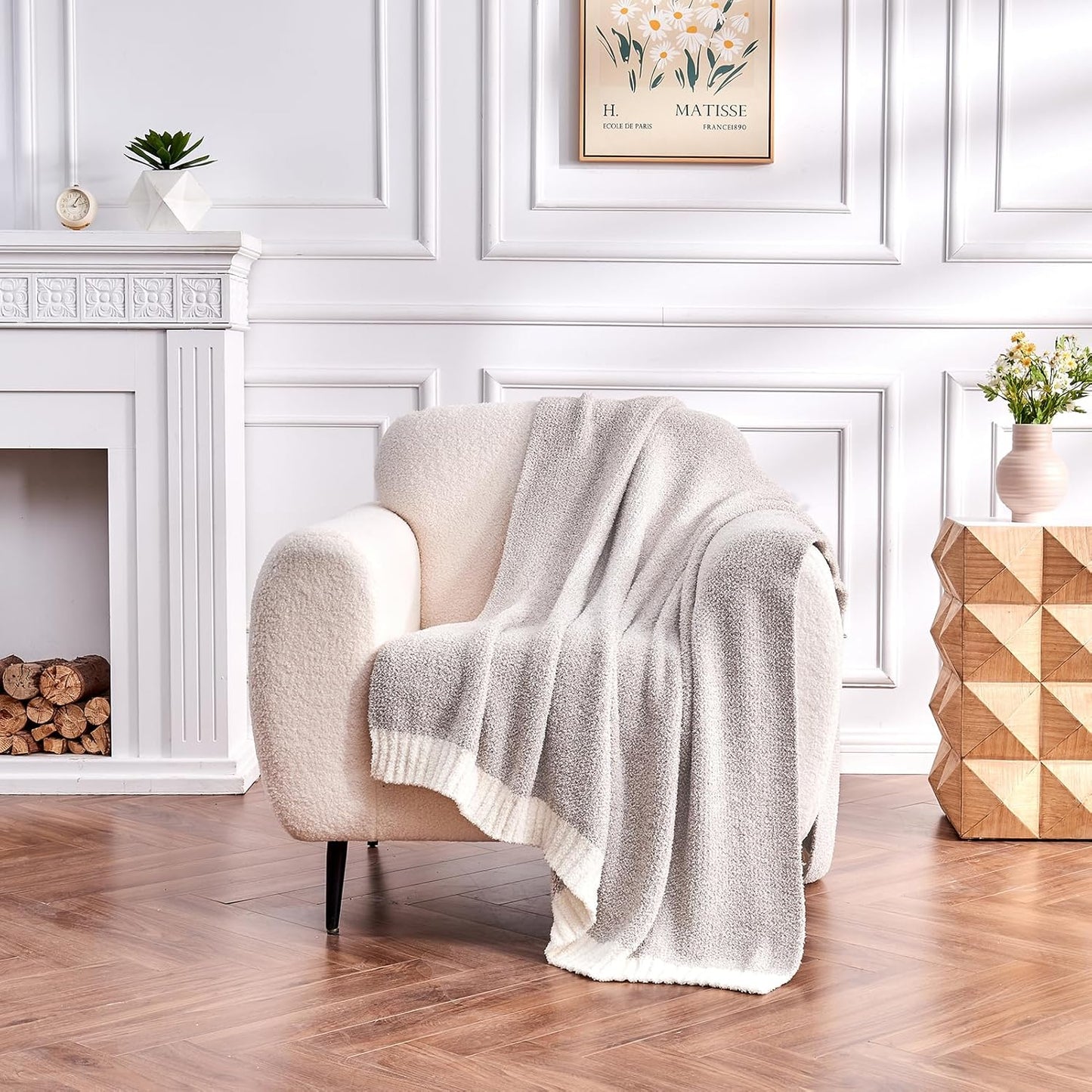 CozeCube Super Soft Fullfy Microfiber Reversible Knitted Blankets, Warm Cozy Fuzzy Plush Throw, Grey and White Melange Throw Blanket for Couch Bed Sofa, 60" x 80"