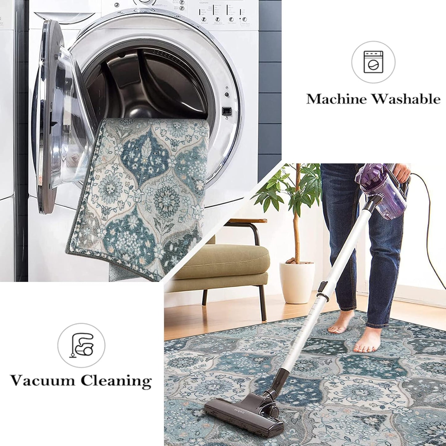 Lahome Moroccan Trellis Round Rug, 5ft, Blue, Faux Wool, Machine Wash, Non-Slip Backing, Low Pile, Floral Pattern, Area Rug for Bedroom, Living Room, Bathroom