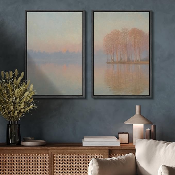 SIGNFORD Framed Canvas Print Wall Art Set Pastel Lake Landscape Serene Sunrise Water Reflection Illustration Modern Art Decorative Nordic Nature for Living Room, Bedroom, Office - 16"x24"x2 Black