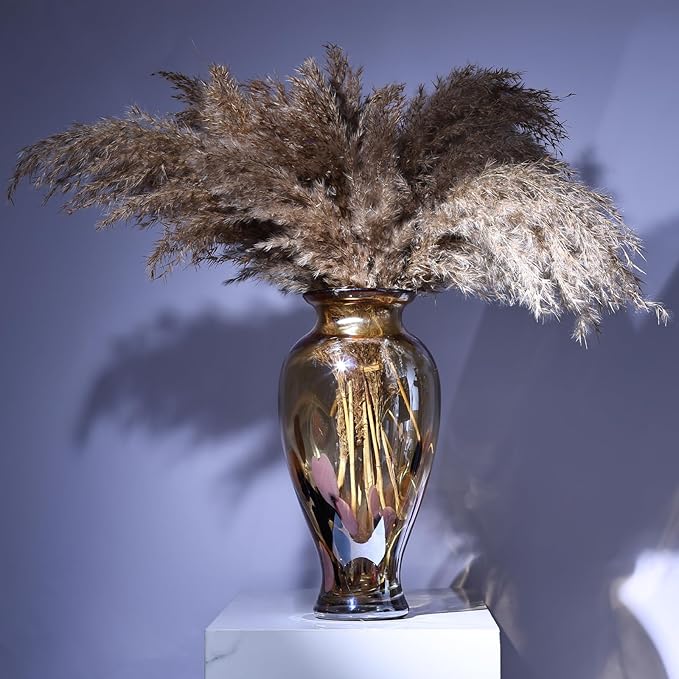 11.8" Tall Blown Amber Gold Glass Vase, Amber Opaque Glass Vase, Unique Design Wide Mouth Art Decoration for Home, Living Room, Dining Table, Pampas Grass Decor (Amber Gold)