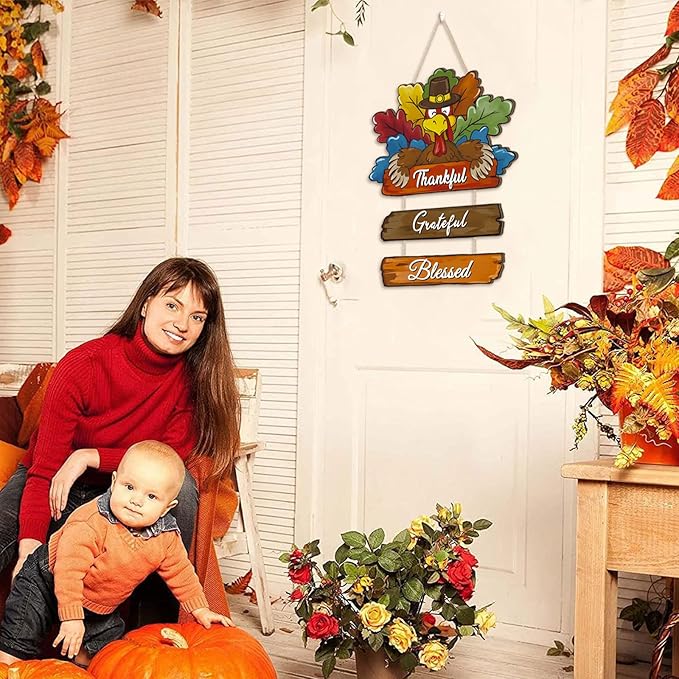 Thanksgiving Day Wood Door Hanger,Turcky Wall Sign,Fall Thankful Sign,Autumn Wooden Sign,Grateful for Harvest Wall Plaque,Thanksgiving Turkey Door Decorations for Home Porch Indoor Outdoor Party