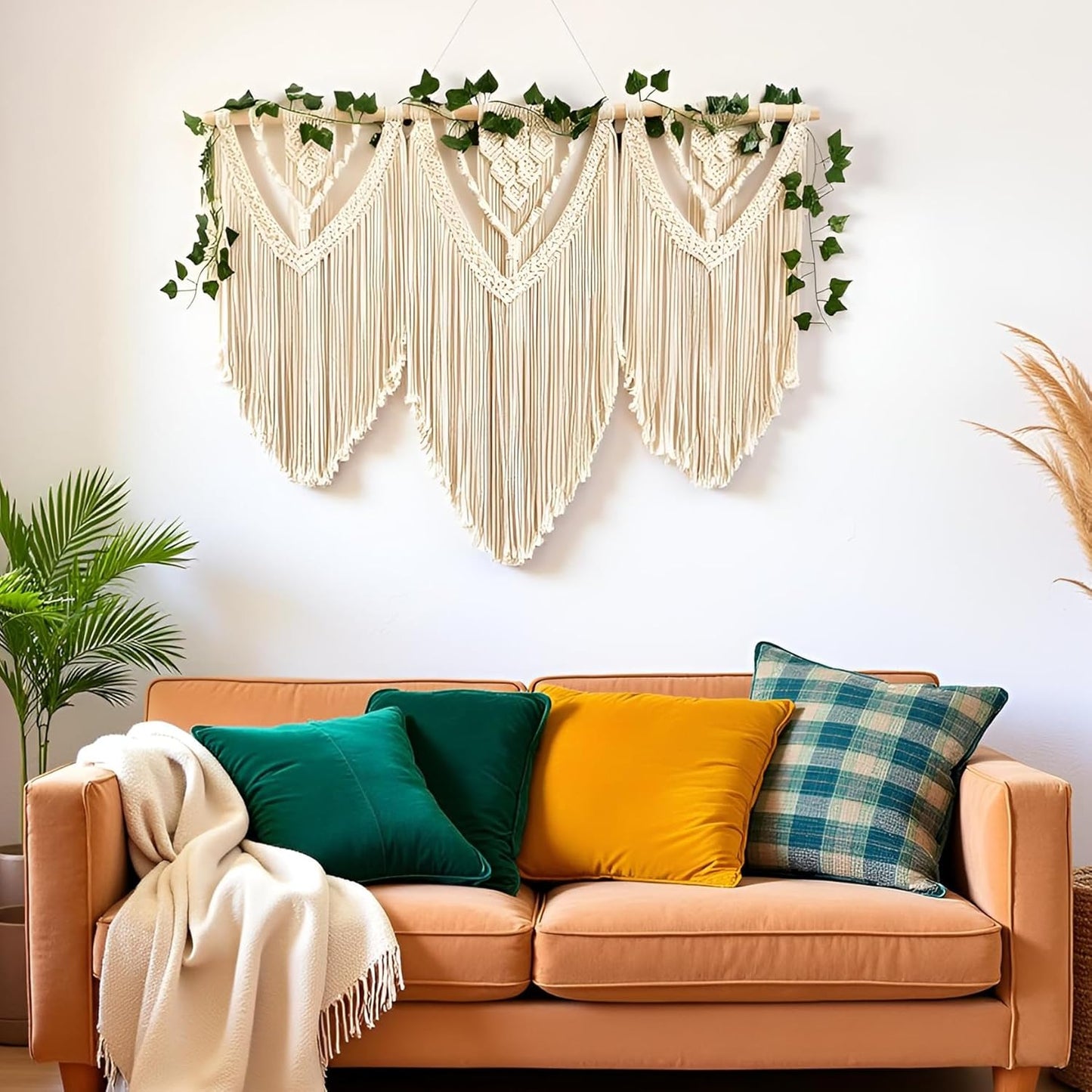 guzhiou large macrame wall hanging - Boho Tapestry Macrame Wall Decor Art- Chic Bohemian Handmade Woven Tapestry Home Decoration for Bedroom Living Room Apartment Wedding Party - 43"x32" (with Ivy)