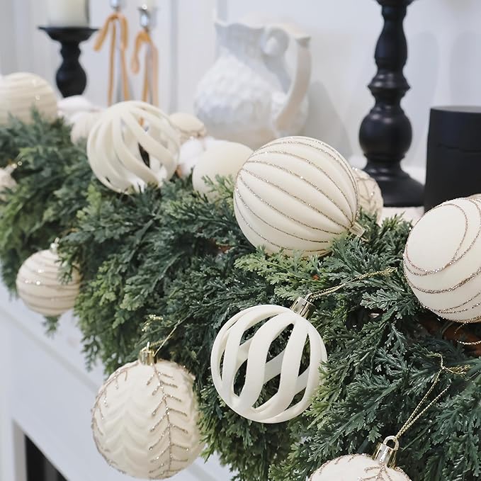 4inch Velvet Ornaments for Christmas Tree, 9PCS Glitter Flocked Christmas Ornaments Decorations Balls Set Decor Beige