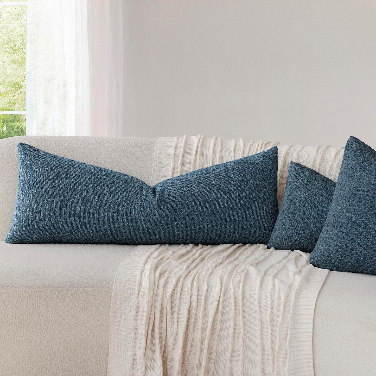 Foindtower Decorative Textured Boucle Throw Pillow Covers Accent Solid Pillow Cases Neutral Long Body Lumbar Couch Cushion Case for Chair Sofa Bedroom Living Room Home Decor 14x36 Inch,1PC,Blue