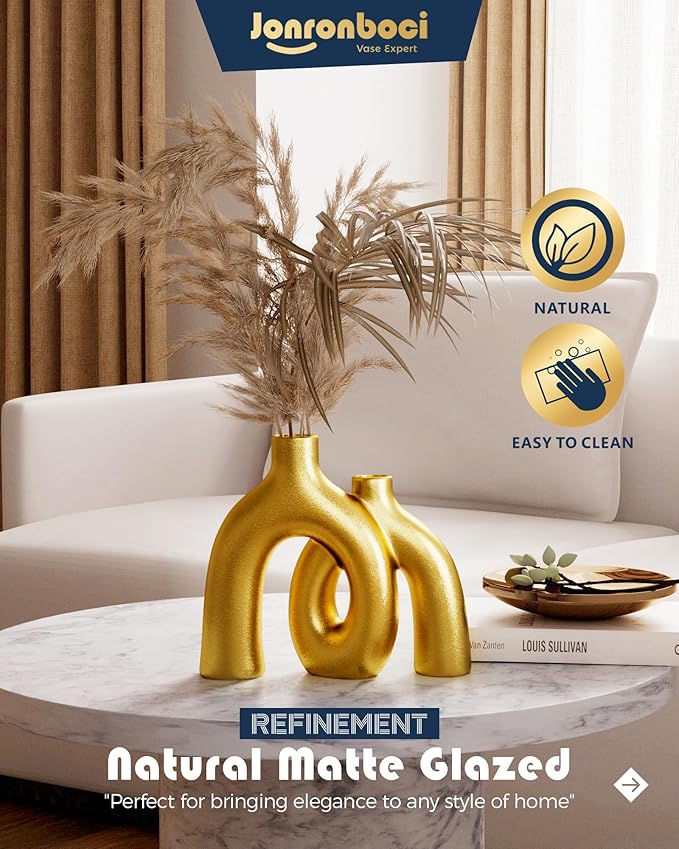 Hug Donut Decorative Vase Set - Golden Modern Classic Transitional Style Vases Home Decor, Matte Ceramic Decorations for Living Room Shelf, Bookshelf Mantle Entryway Table or Console Décor (Gold)