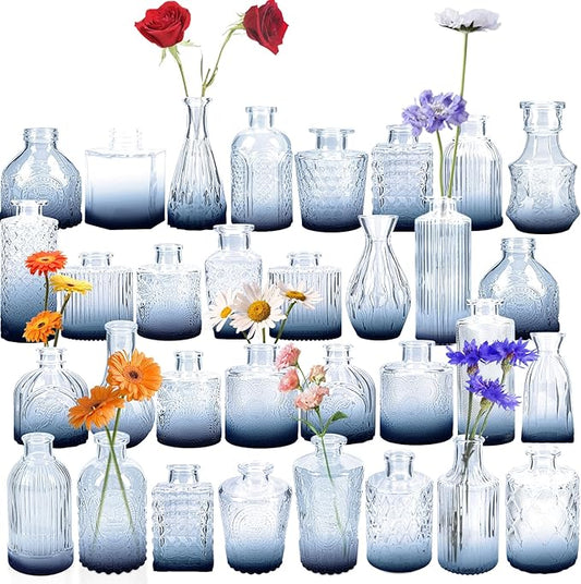Yirilan Bud Vases Set of 32 PCS, Small Flower Vases for Table Centerpieces, Mini Vases for Single Stem Flowers, Glass Vases for Centerpieces, Wedding & Home Decor, Clear (Blue Gradient, 32 pcs)