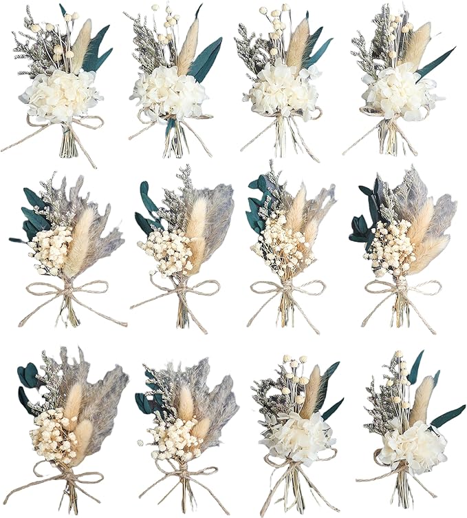 xin's convey Mini Dried Flower Bouquet Set (12 pcs), Wall Bouquet, Party Plate Decoration, Bridesmaid Flower Girl Proposal Gift Box, Groomsmen Corsage, Shooting Props. (White)