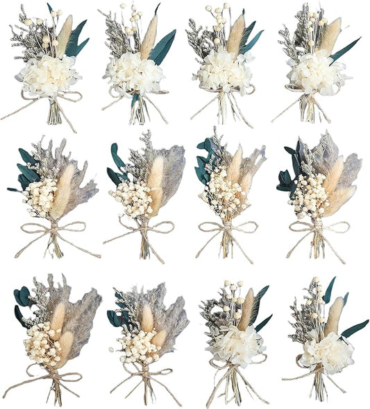 xin's convey Mini Dried Flower Bouquet Set (12 pcs), Wall Bouquet, Party Plate Decoration, Bridesmaid Flower Girl Proposal Gift Box, Groomsmen Corsage, Shooting Props. (White)