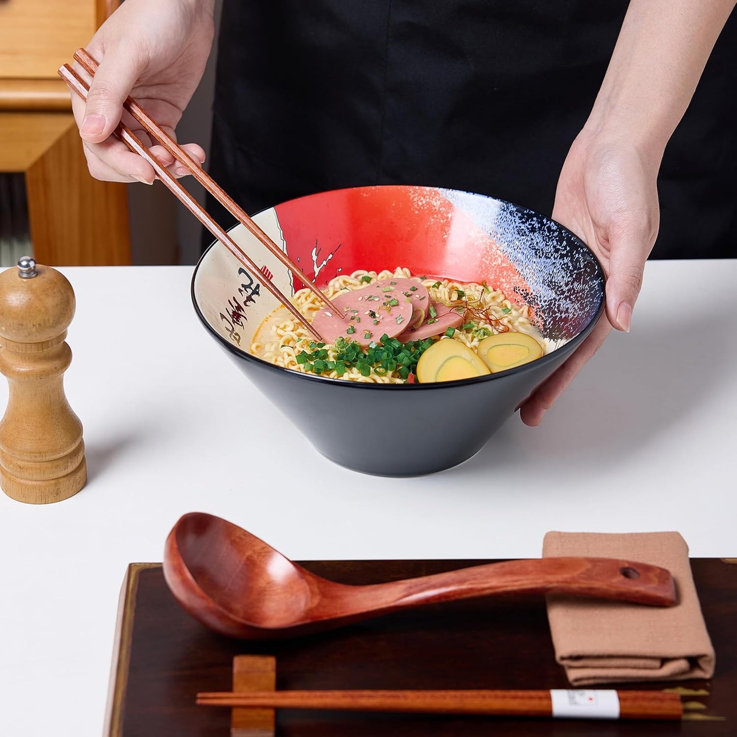 Japanese Ramen Bowl Set with Red Fuji Design - 60oz Large Ceramic Bowls, Spoons, Chopsticks for Ramen, Pho, Salad, Poke - Premium Gift for Ramen Lovers - Microwave & Dishwasher Safe