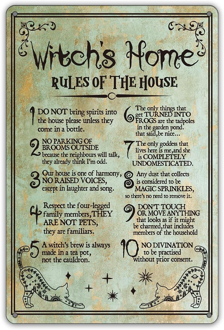 Funny Witch's Home Rules Quote Metal Tin Sign Wall Decor, Retro Do Not Bring Spirits into the House Sign for Home Decor Gifts
