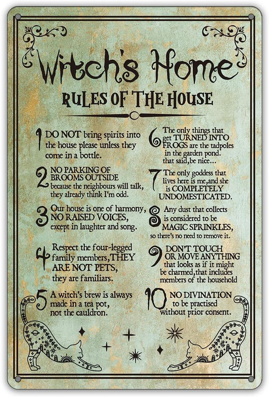 Funny Witch's Home Rules Quote Metal Tin Sign Wall Decor, Retro Do Not Bring Spirits into the House Sign for Home Decor Gifts