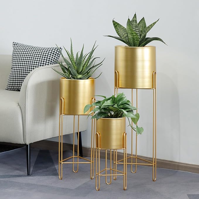 TRIROCKS Set of 3 Large Planters with Stand Gold Planter for Indoor Plants 29 &22 &12" Tall Morden Metal Plant Pots for Living Room Corner Kitchen Office Garden Balcony Patio Decor