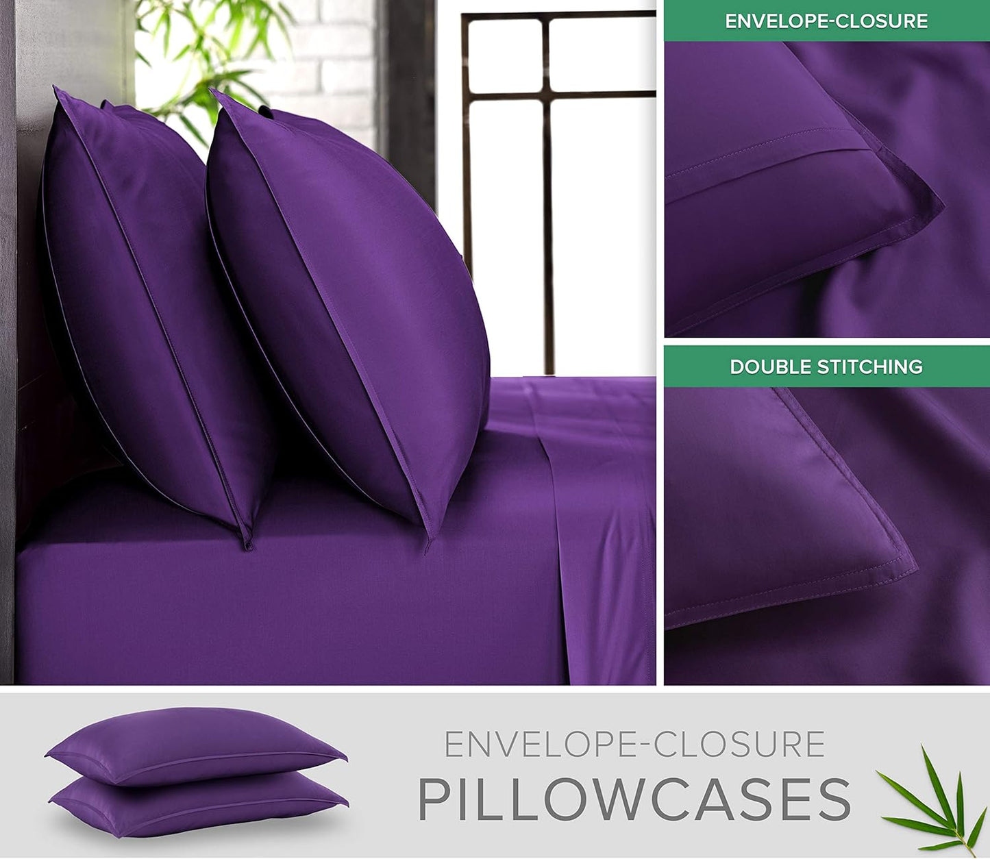 Full Sheets by Pure Bamboo, Genuine 100% Organic Viscose Derived from Bamboo Bed Sheet Set, Luxuriously Soft & Cooling, Double Stitching (Full, Purple)