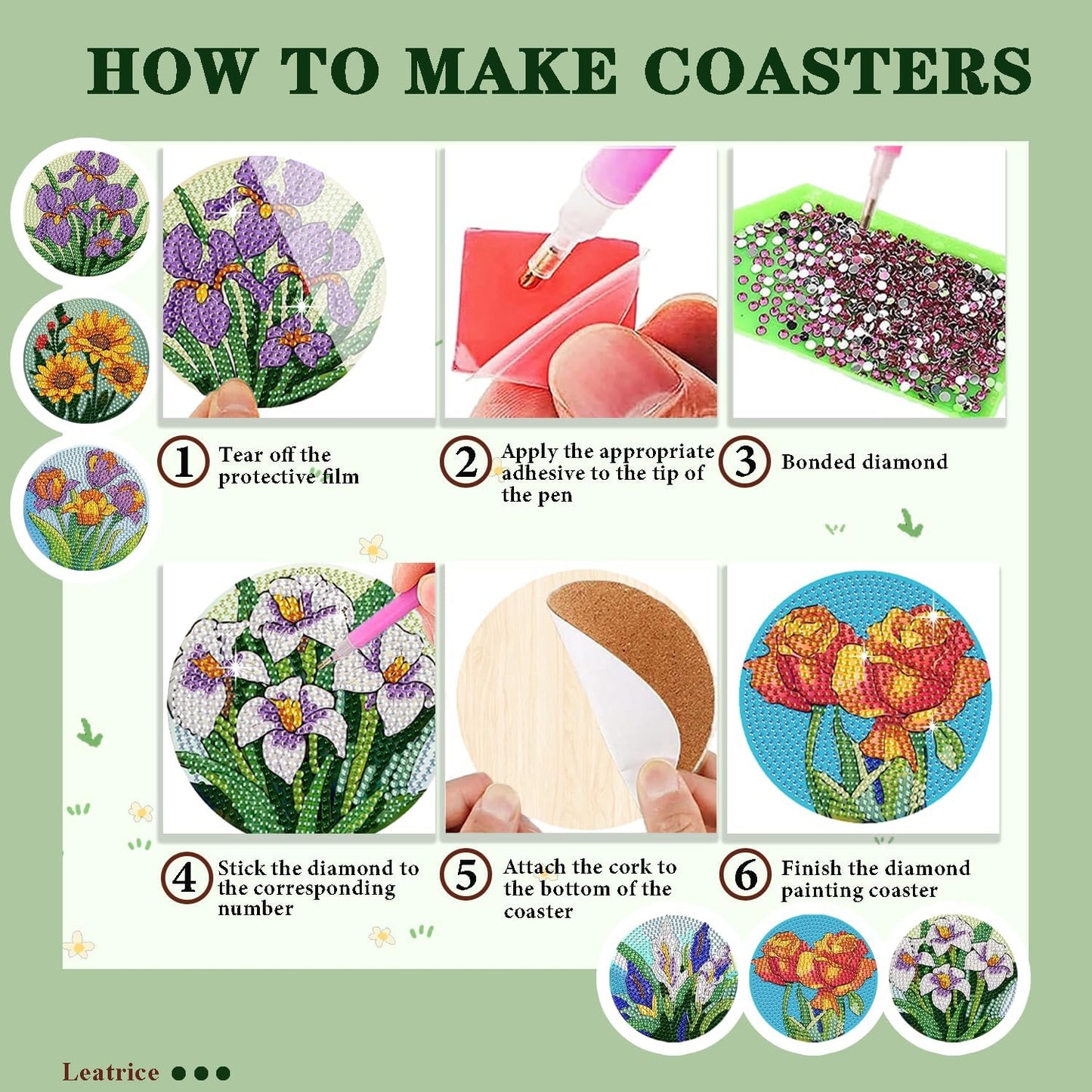 Leatrice 6PCS Flower Diamond Art Coasters Small Diamond Painting Kits for Adults Diamond Dots Round Full Drill Diamond Coasters with Holder Easy Art Crafts for Beginners Women