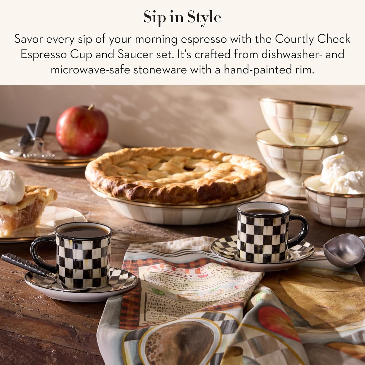 MACKENZIE-CHILDS Set of 2 Stoneware Espresso Cup and Saucer, Cute Coffee Cups, Black-and-White Courtly Check