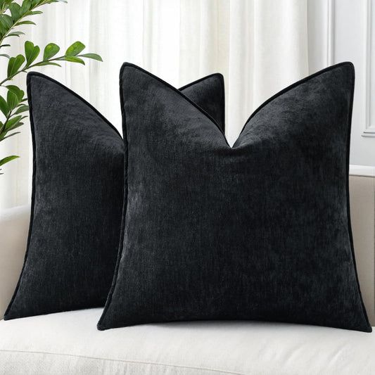 decorUhome Couch Throw Pillow Covers 24x24 Set of 2, Decorative Soft Euro Neutral Chenille Pillow Covers with Elegant Design for Sofa Bed Living Room Home Decor, Black