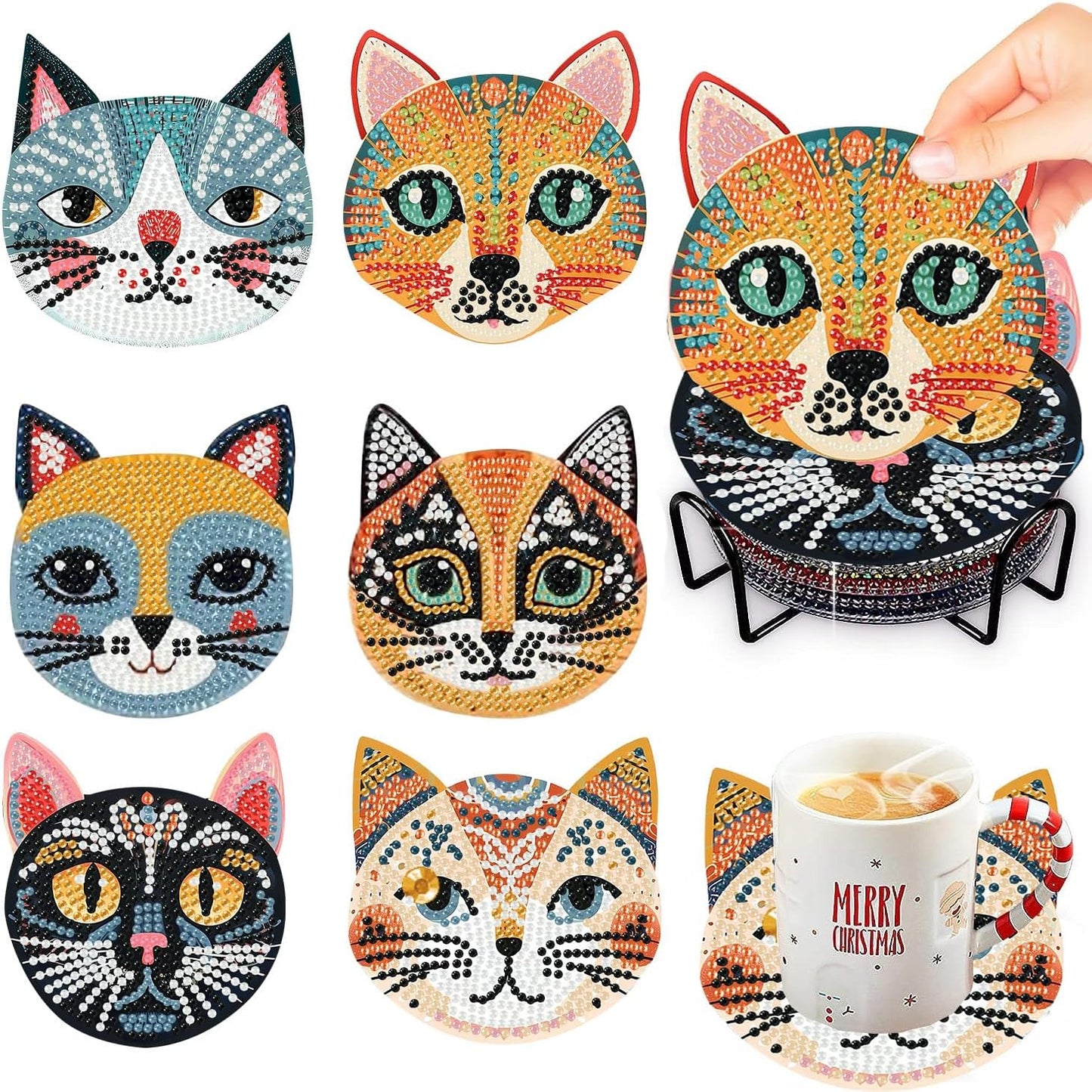 Meothan 6 Pcs Diamond Art Coasters Kits for Adults with Holder Cork Pads, Cats Diamond Dots Art Painting Coasters Crafts Kit for Home Office Decor Gifts (Cat Head Shaped)